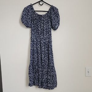 Ryan Michelle Navy Floral Midi Puff Sleeve Dress